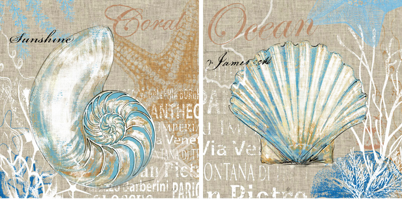 PXYW514 Wall décor art oil on canvas nautical sea shells blue white tones set of 2